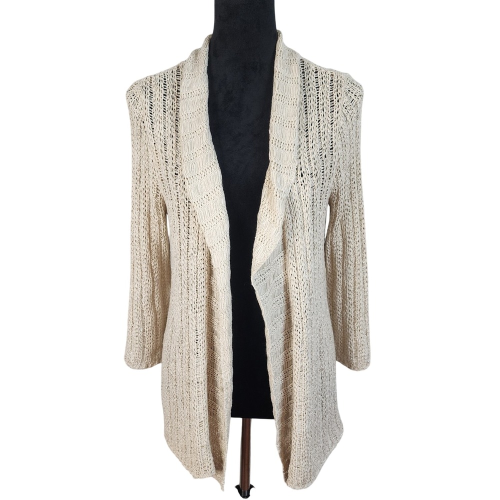 VALERIE BERTINELLI Size Large Cream Silver Ribbon Knit Open Drape Cardigan‎